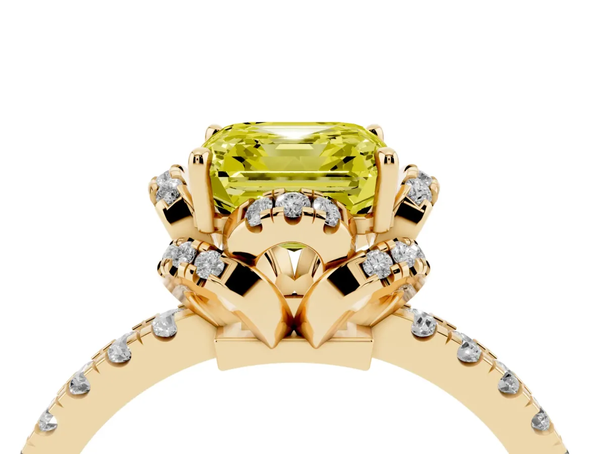 Fancy Yellow Asscher Cut Halo Diamond Pave Band Ring with Four-Prong Setting Yellow gold