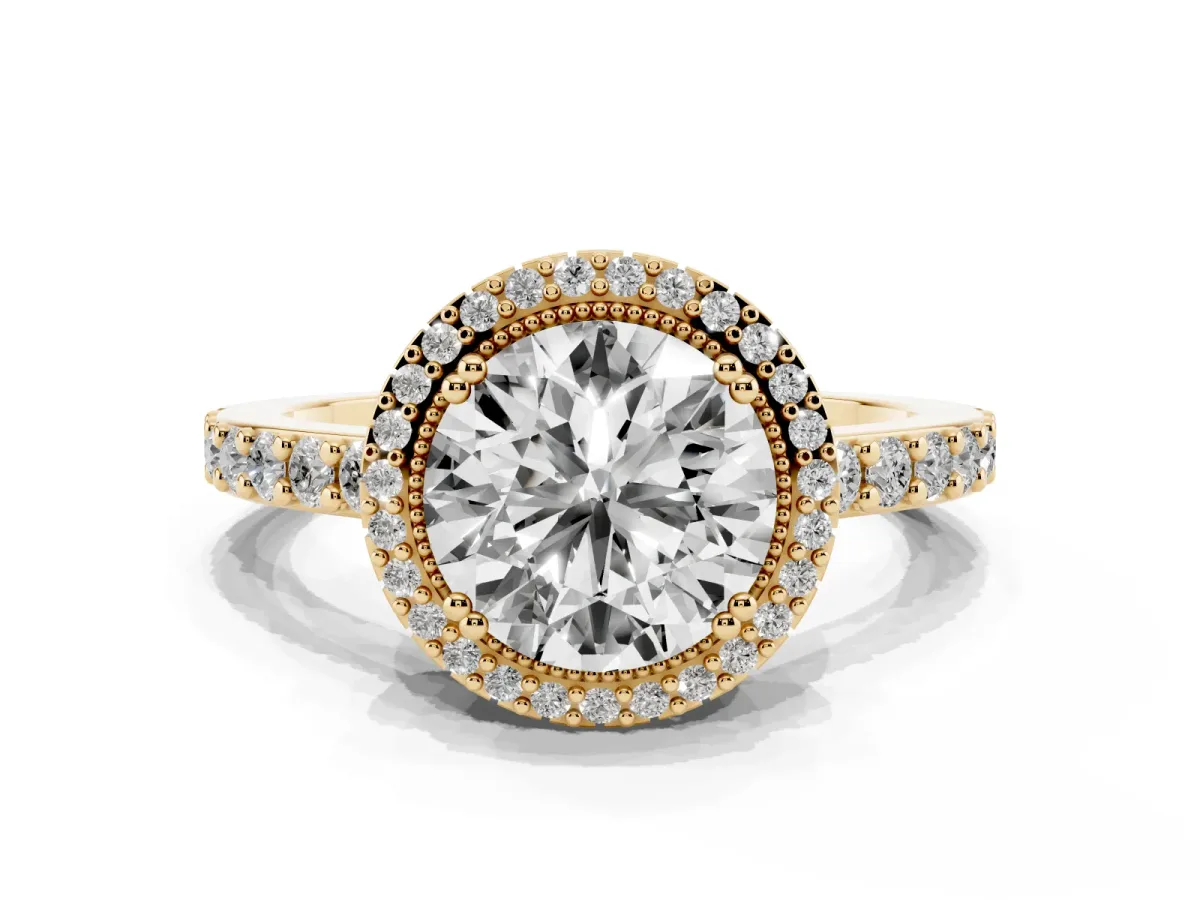 Round Cut Cut Diamond Halo Engagement Ring with Milgrain Detail and Pavé Band Yellow gold