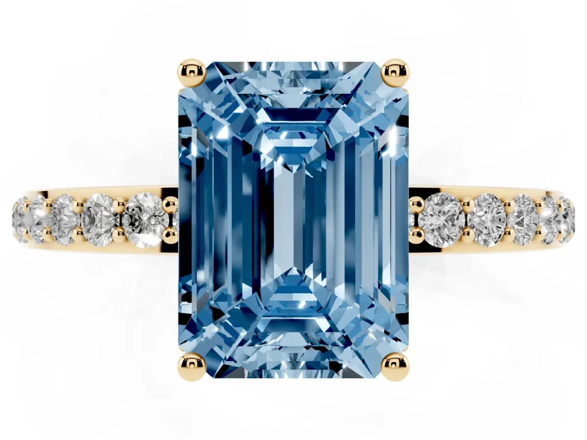 Fancy Blue Emerald Cut Diamond Solitaire Ring with Pavé Band and Hidden Halo Yellow gold