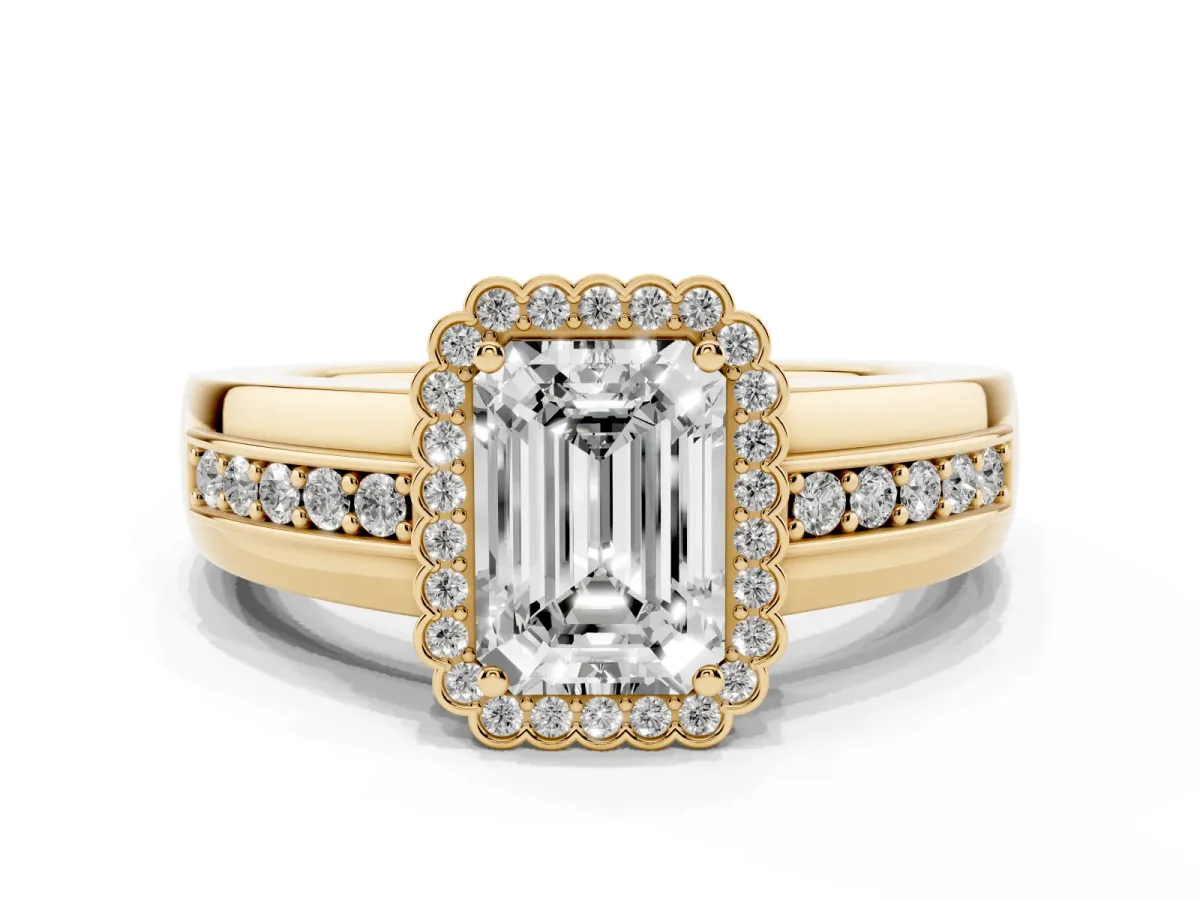Emerald Cut Cut Halo Pave Band Four-Prong Ring Yellow gold
