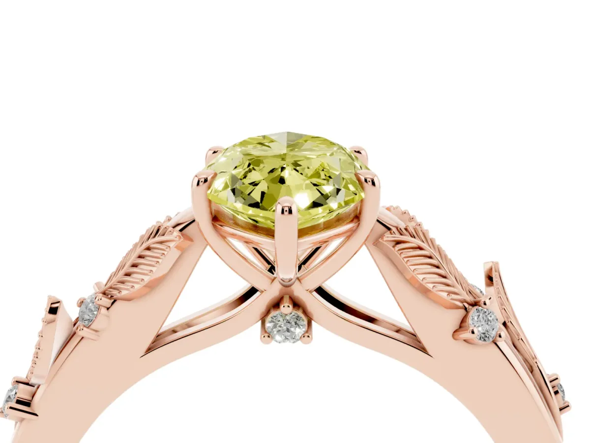Fancy Yellow Marquise Cut Diamond Solitaire Ring with Leaf Motif Band and Four-Prong Setting Rose gold