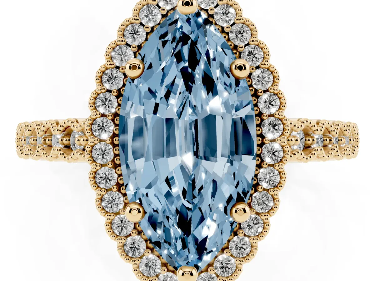 Fancy Blue Marquise Cut Cut Halo Pavé Solitaire Ring with Milgrain Band Yellow gold
