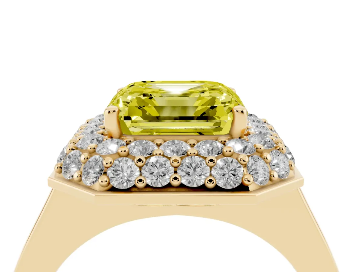 Fancy Yellow Asscher Cut Halo Diamond Engagement Ring with Solitaire Band and Four-Prong Setting Yellow gold
