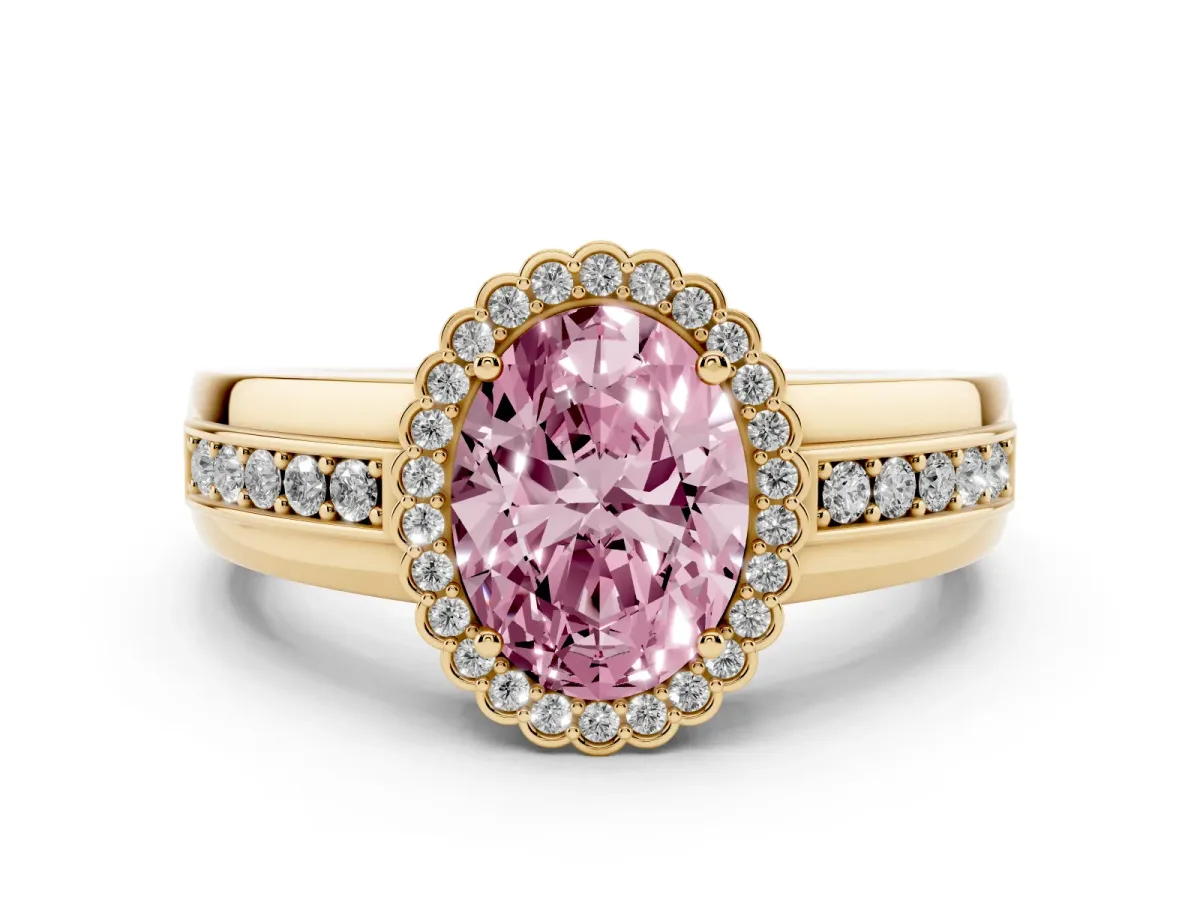Fancy Pink Oval Cut Cut Halo Pave Band Four-Prong Ring Yellow gold