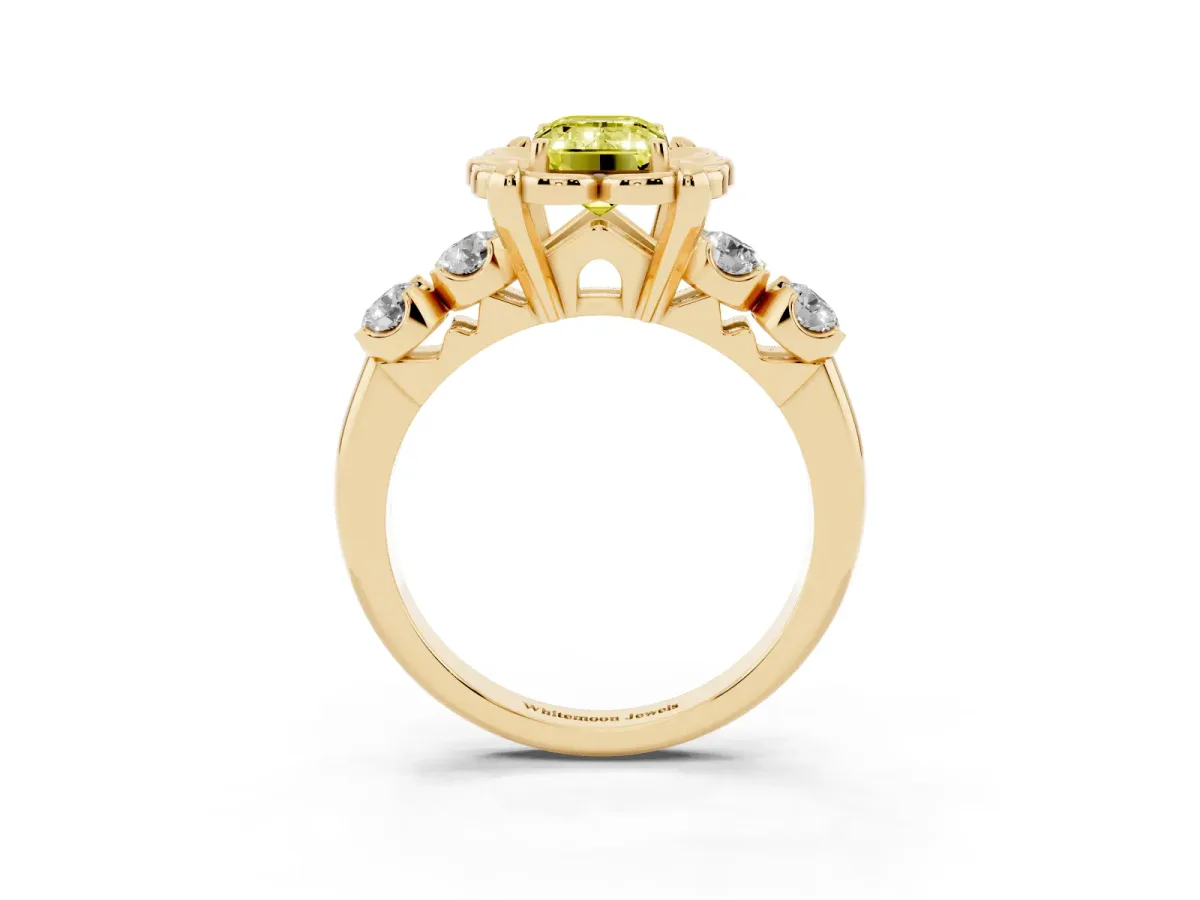 Fancy Yellow Emerald Cut Cut Diamond Floral Halo Engagement Ring with Shared Prong Setting Yellow gold