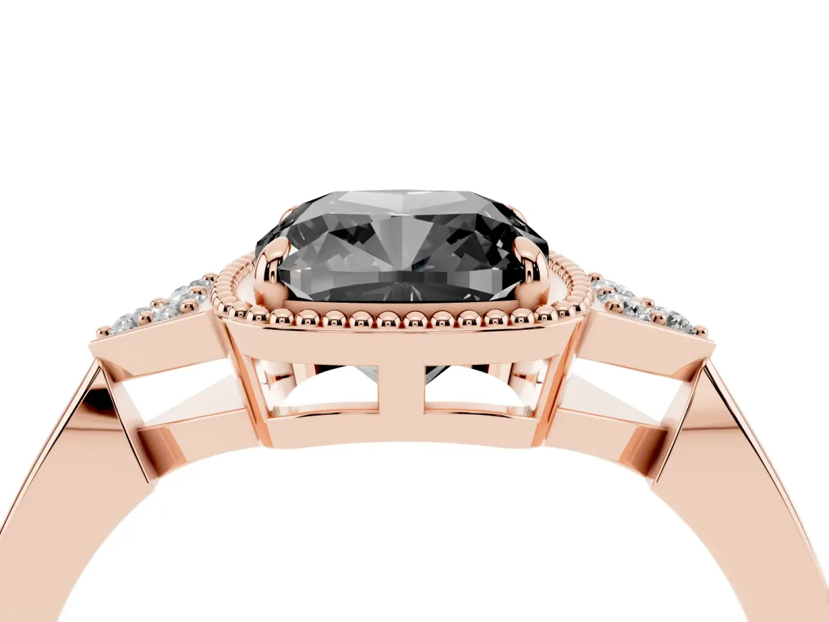 Fancy Black Hexagonal Halo Cushion Cut Diamond Solitaire with Pavé Band and Four-Prong Setting Rose gold