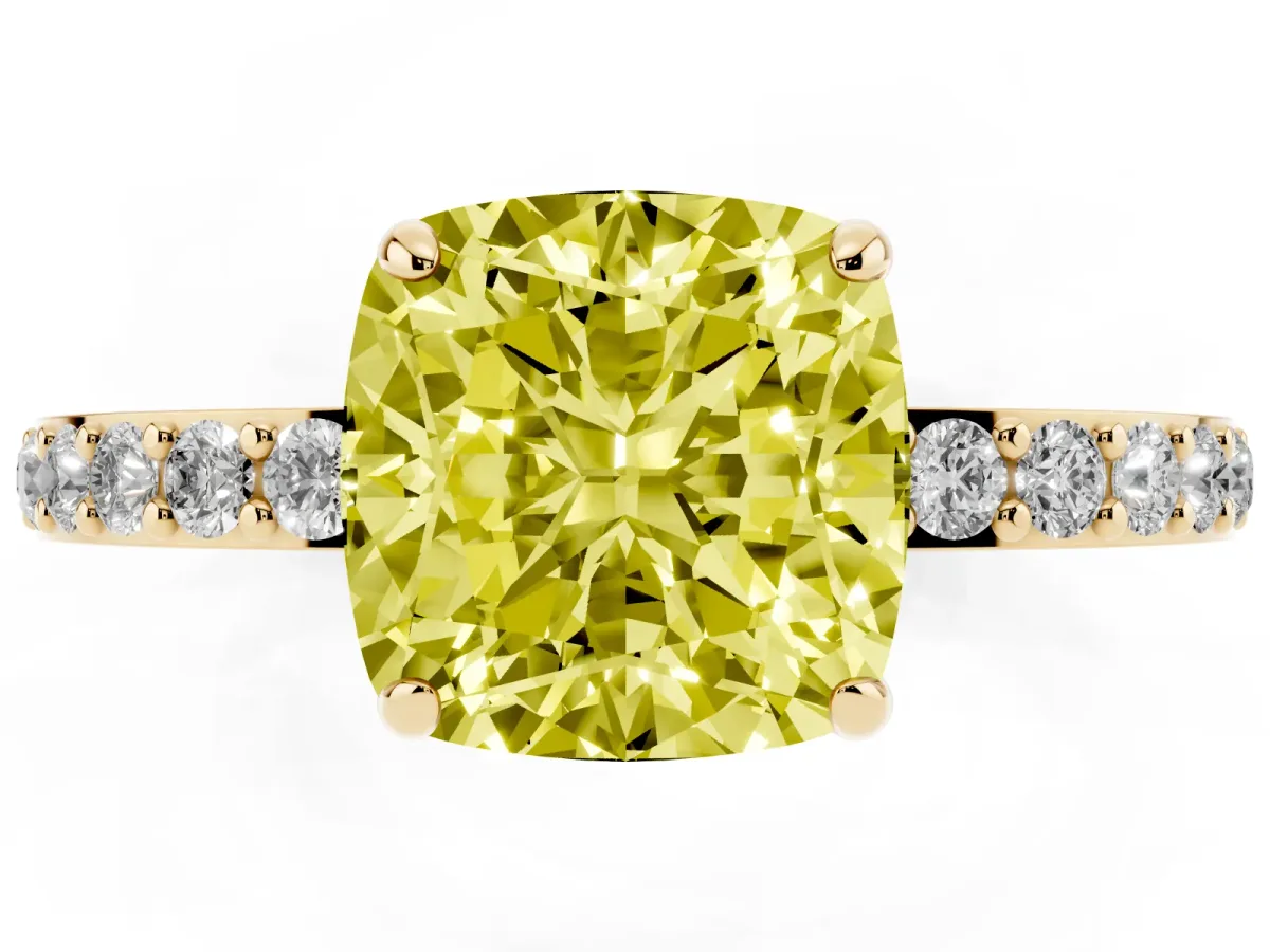 Fancy Yellow Cushion Cut Diamond Pavé Engagement Ring with Round Accents and Prong Setting Yellow gold