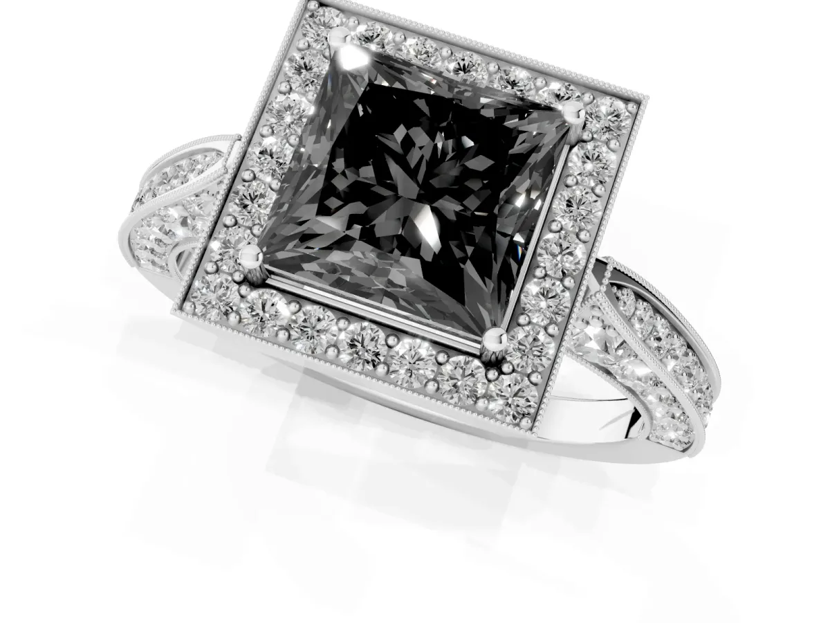 Fancy Black Princess Cut Halo Diamond Engagement Ring with Split Shank Band and Four-Prong Setting Silver