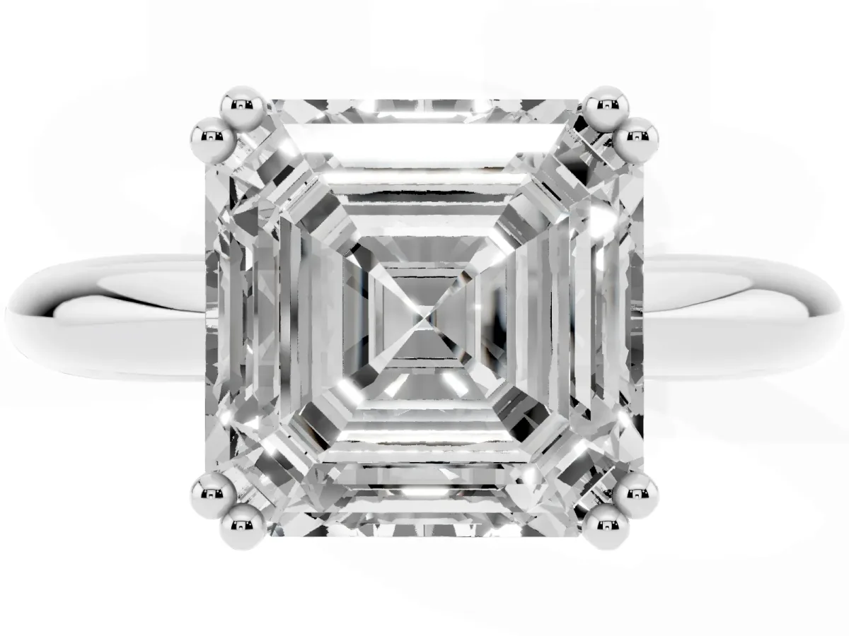 Asscher Cut Cut Solitaire Engagement Ring with Tapered Band and Four-Prong Setting White gold