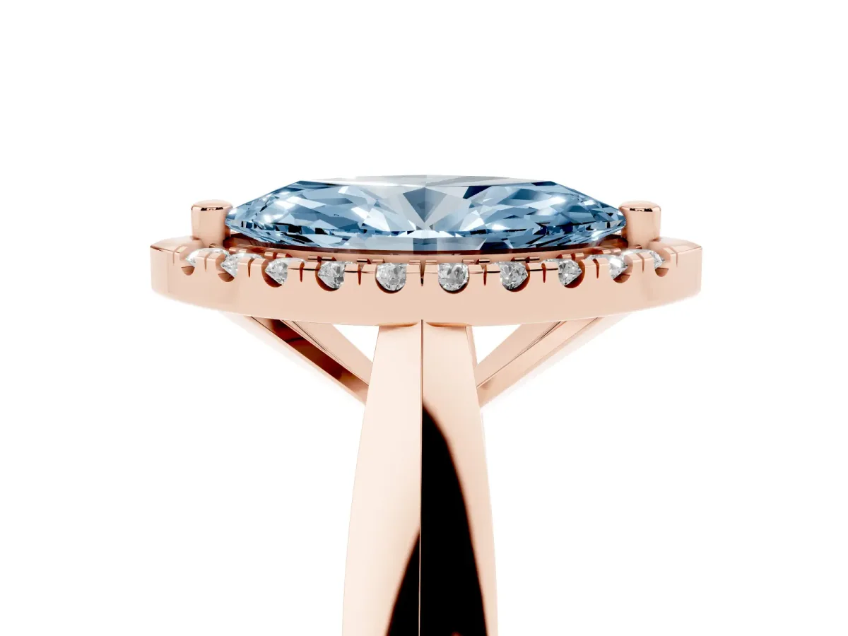Fancy Blue Marquise Cut Cut Halo Solitaire Engagement Ring with Square Band and Four-Prong Setting Rose gold