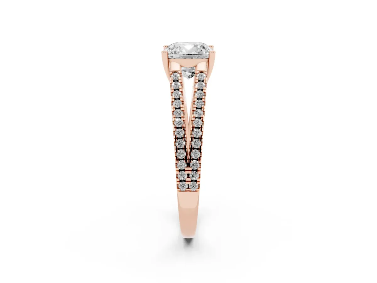 Cushion Cut Diamond Solitaire Engagement Ring with Split Shank Pavé Band Rose gold