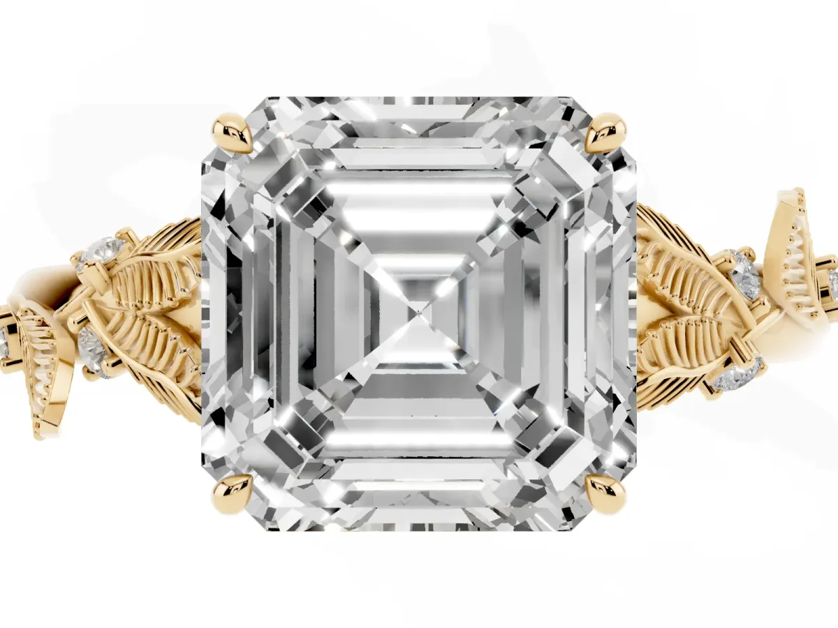 Asscher Cut Diamond Solitaire Ring with Leaf Motif Band and Four-Prong Setting Yellow gold