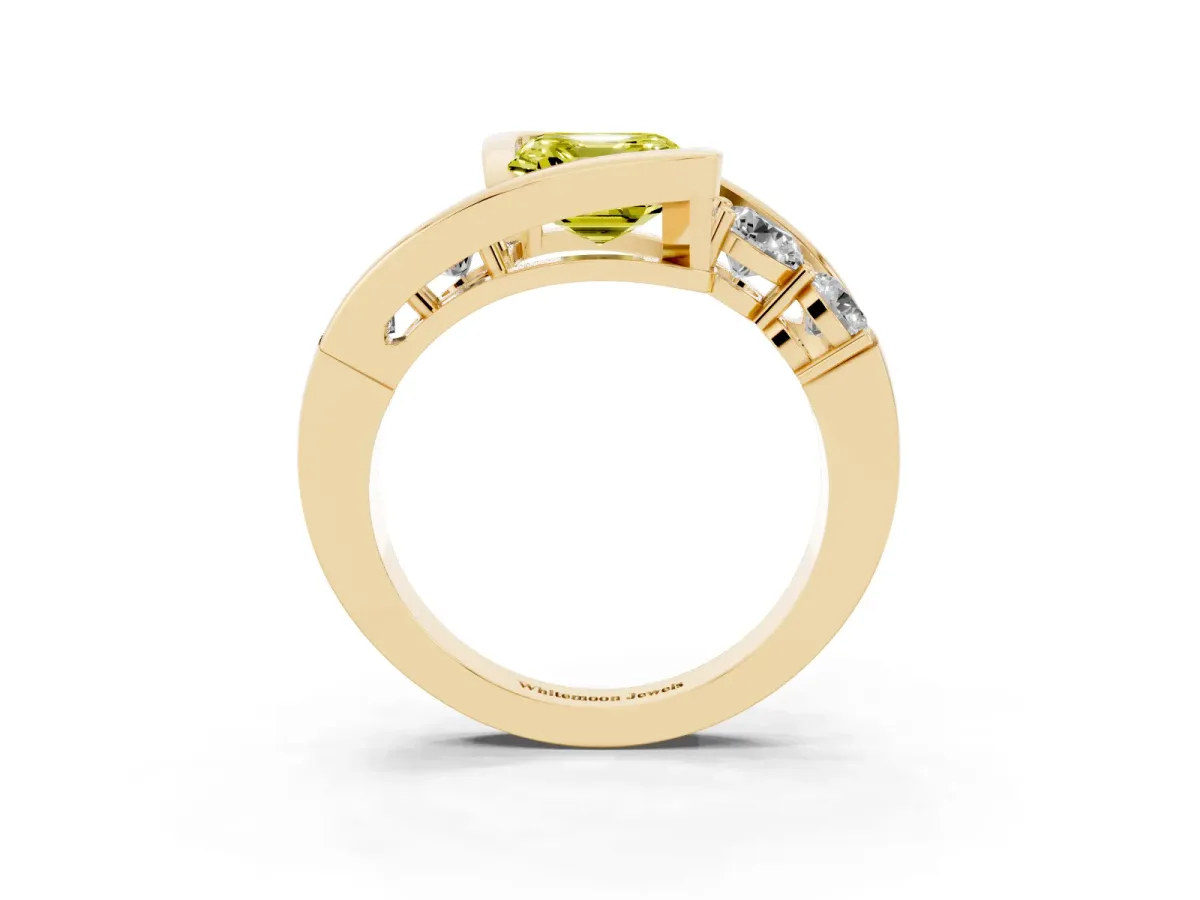 Fancy Yellow Bezel Set Asscher Cut Diamond Bypass Ring with Round Accents Yellow gold