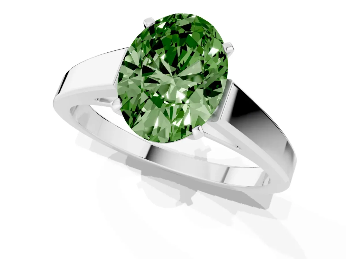 Fancy Green Oval Cut Solitaire Engagement Ring with Four-Prong Setting and Tapered Band Platinum