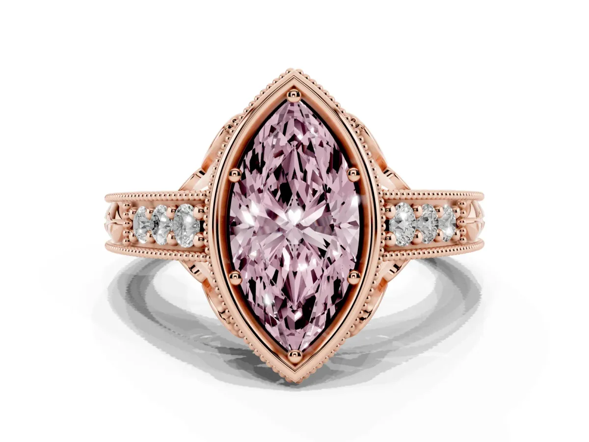 Fancy Pink Bezel Set Marquise Cut Diamond Milgrain Pave Engagement Ring Rose gold
