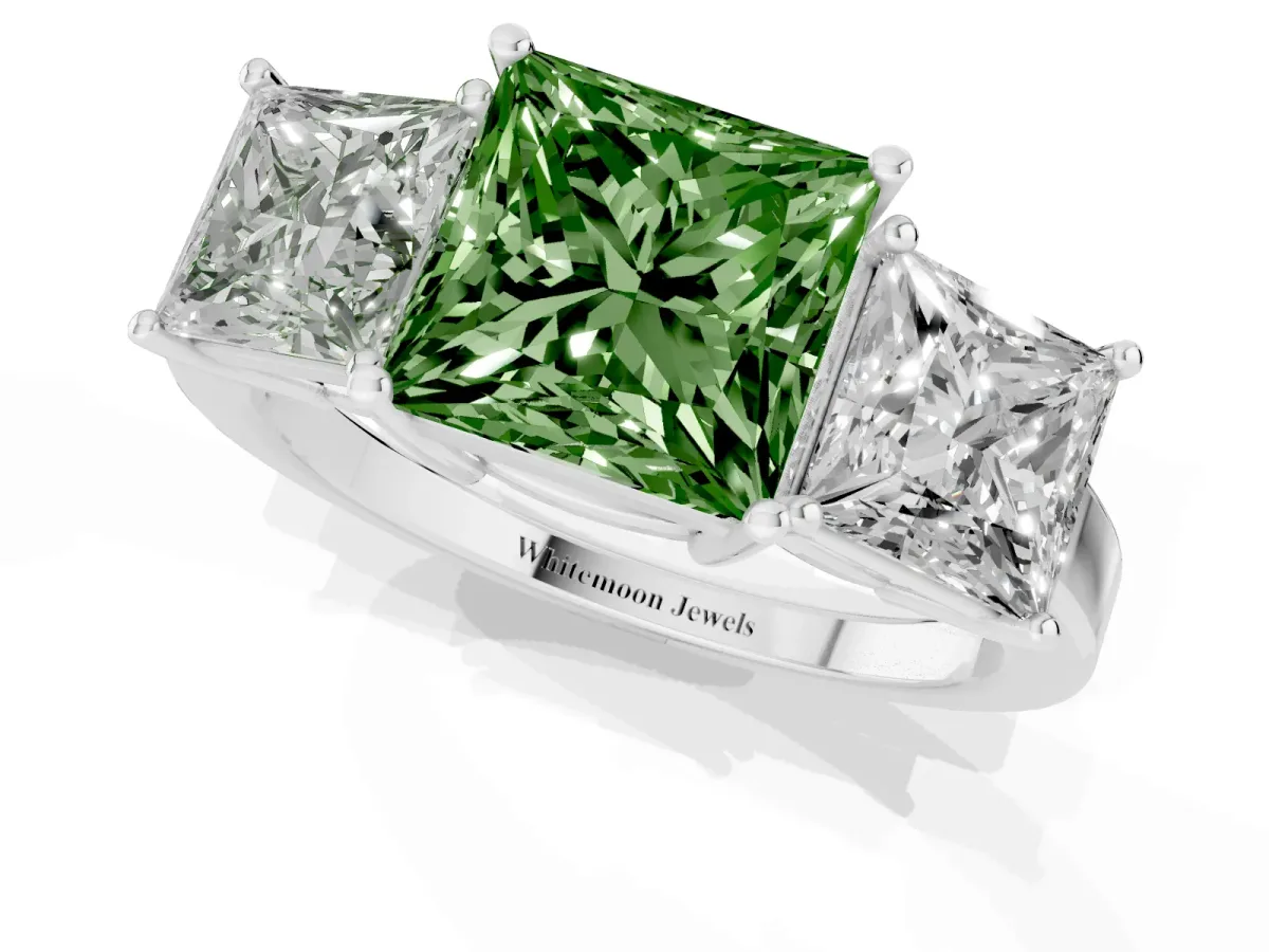 Fancy Green Three-Stone Princess Cut Cut Diamond Engagement Ring with Flat Band and Four-Prong Setting White gold