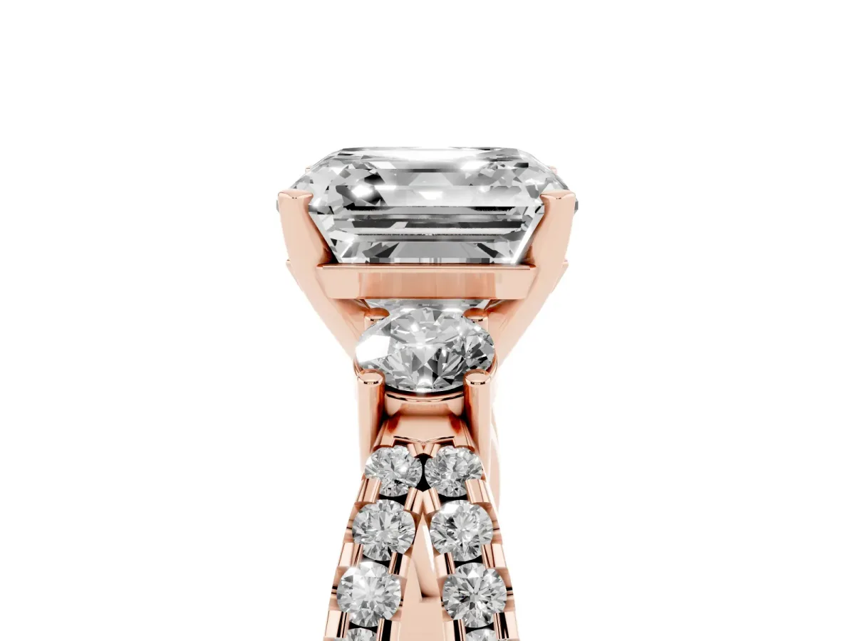 Asscher Cut Diamond Three-Stone Ring with Pavé Split Shank and Four-Prong Setting Rose gold