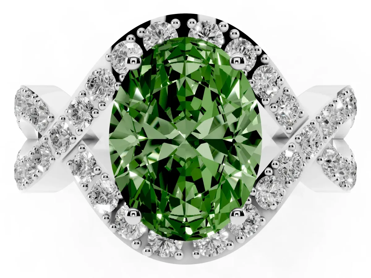 Fancy Green Oval Cut Solitaire Twist Band Pavé Diamond Engagement Ring Platinum