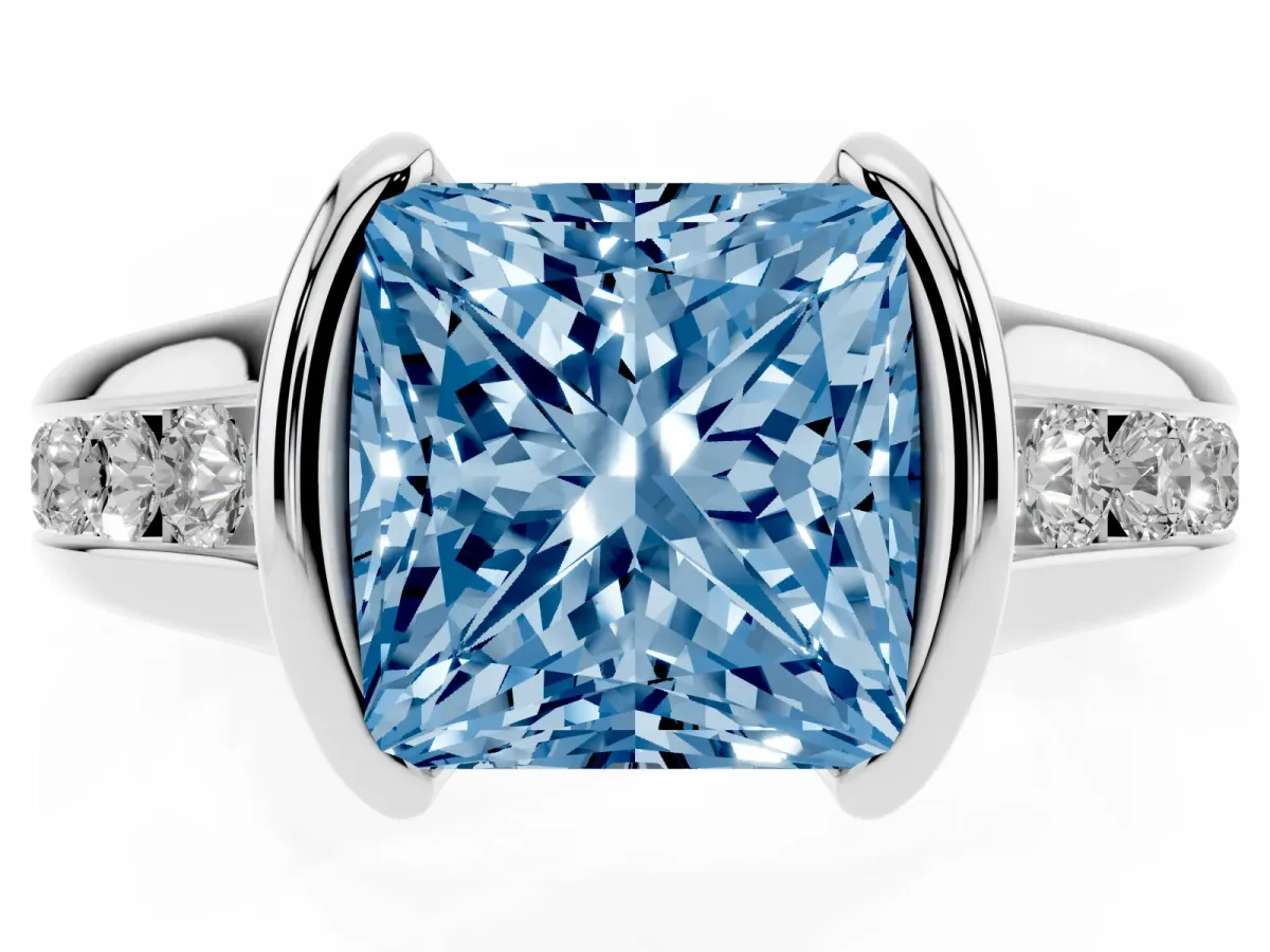 Fancy Blue Princess Cut Solitaire Bezel-Set Diamond Ring with Channel-Set Band Silver