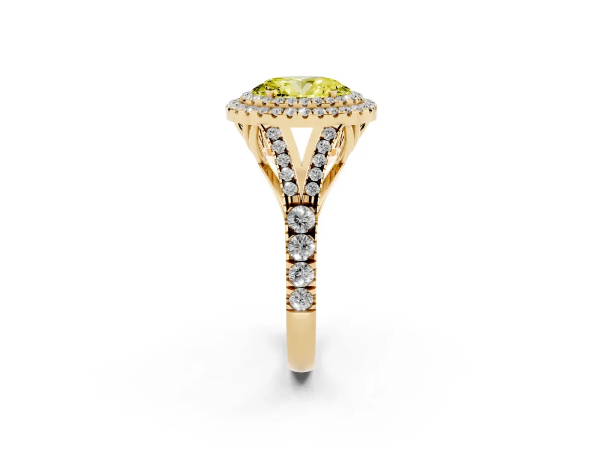 Fancy Yellow Oval Cut Cut Double Halo Split Shank Diamond Ring with Prong Setting Yellow gold