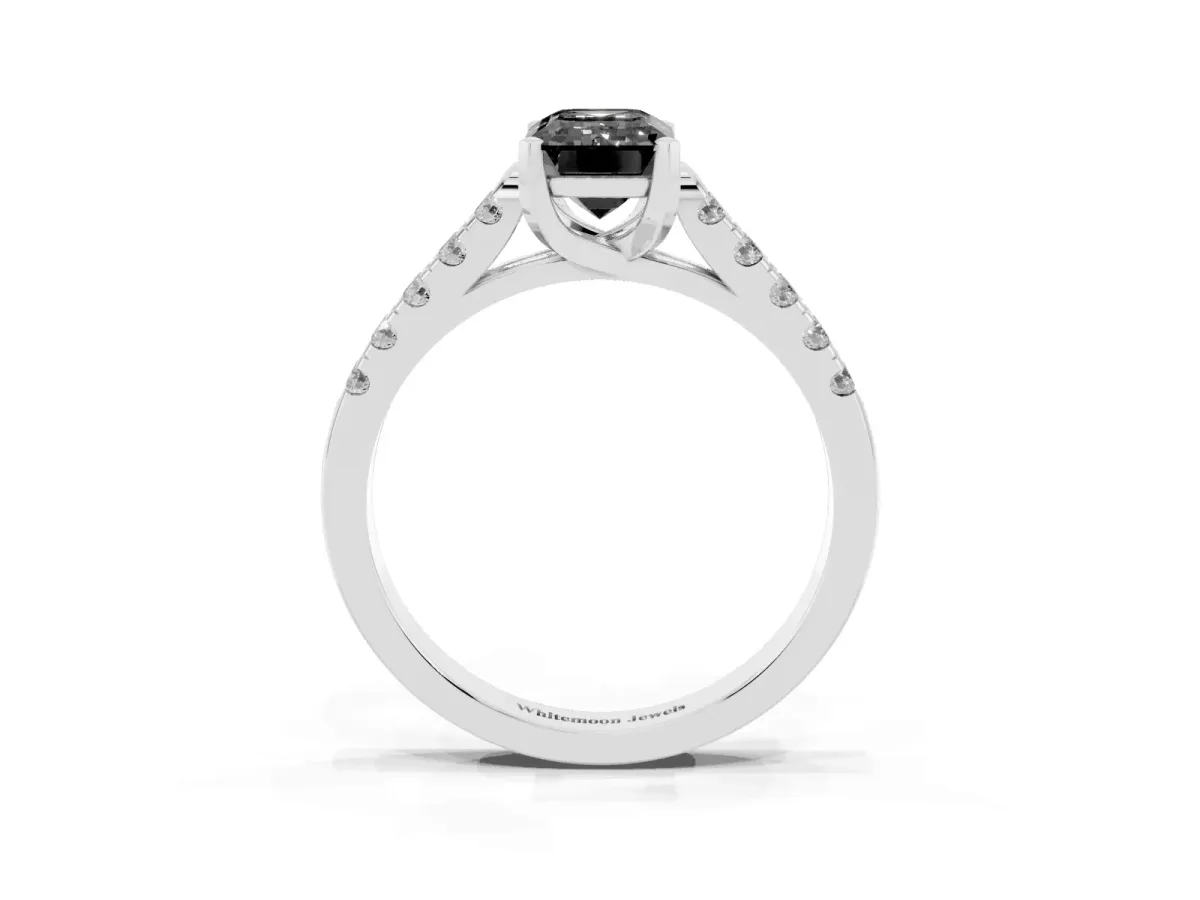 Fancy Black Emerald Cut Diamond Pavé Band Solitaire Ring with Prong Setting Silver