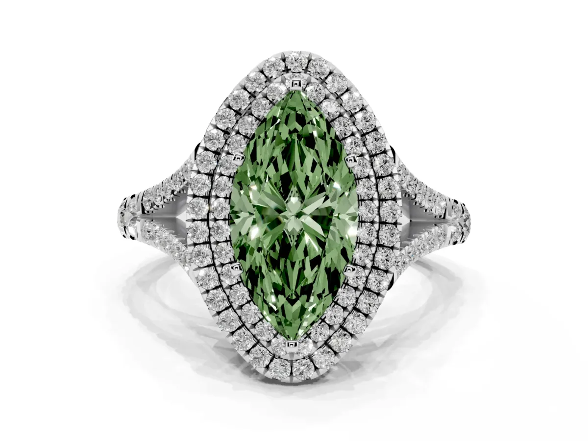 Fancy Green Marquise Cut Diamond Pavé Split Shank Double Halo Engagement Ring Silver