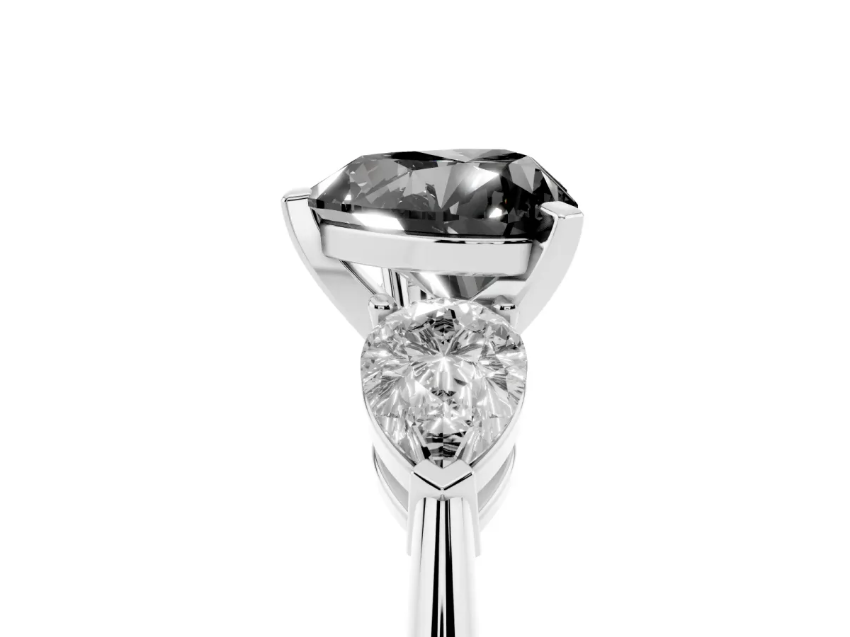 Fancy Black Three-Stone Heart Cut Diamond Ring with Pear Side Stones and Four-Prong Setting Silver