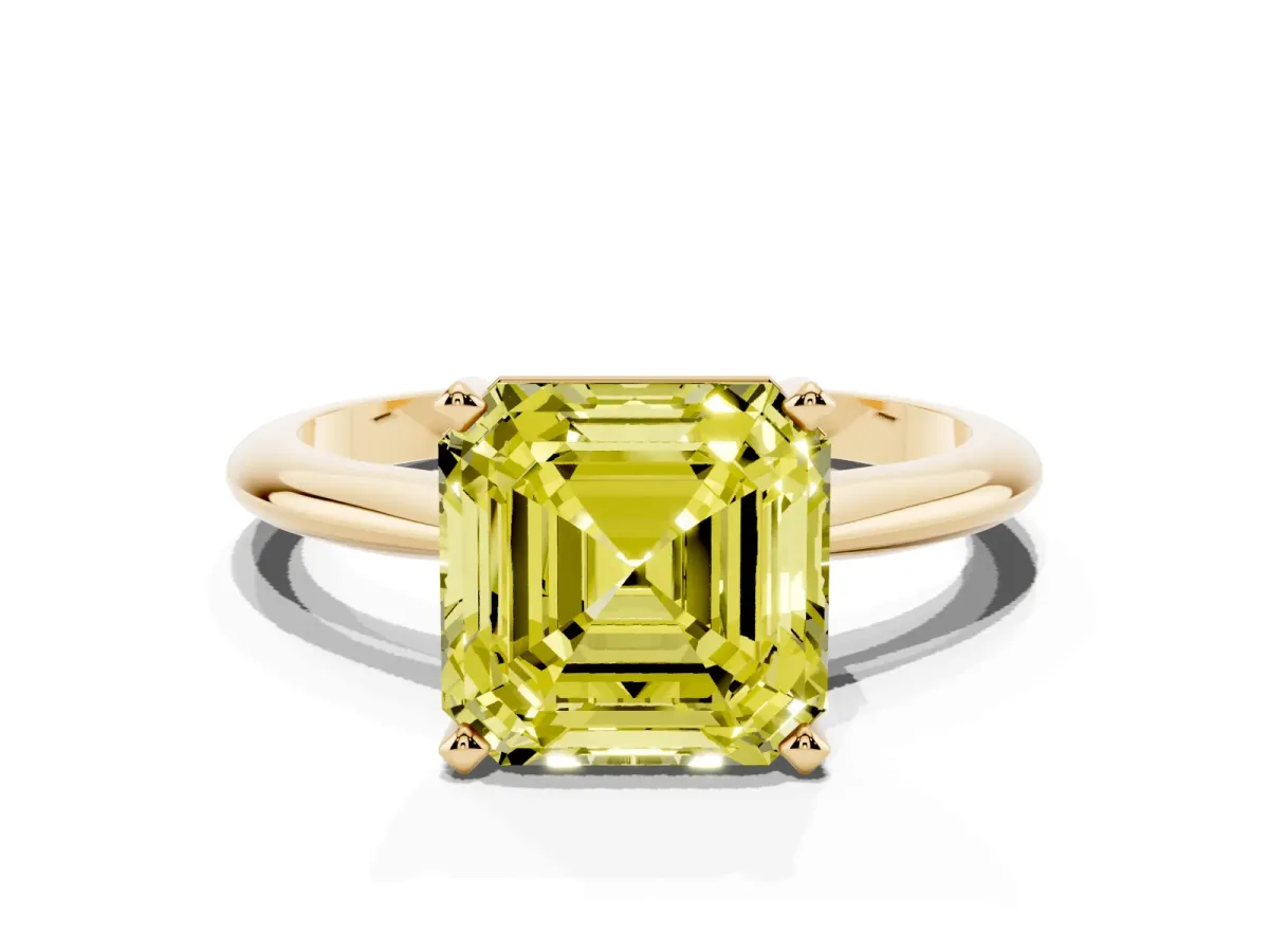 Fancy Yellow Asscher Cut Cut Solitaire Ring with Four-Prong Setting on a Classic Band Yellow gold
