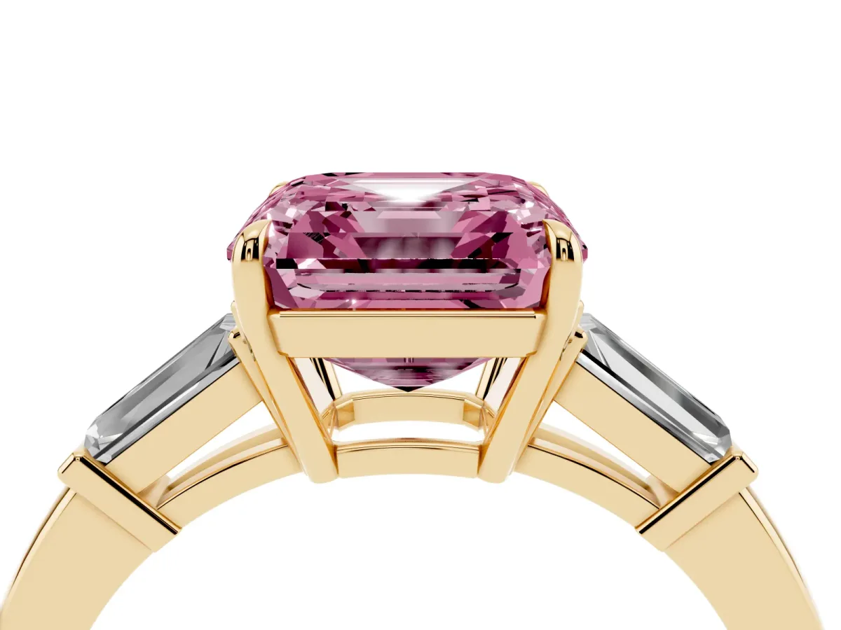 Fancy Pink Asscher Cut Diamond Three-Stone Ring with Tapered Baguette Side Stones and Prong Setting Yellow gold