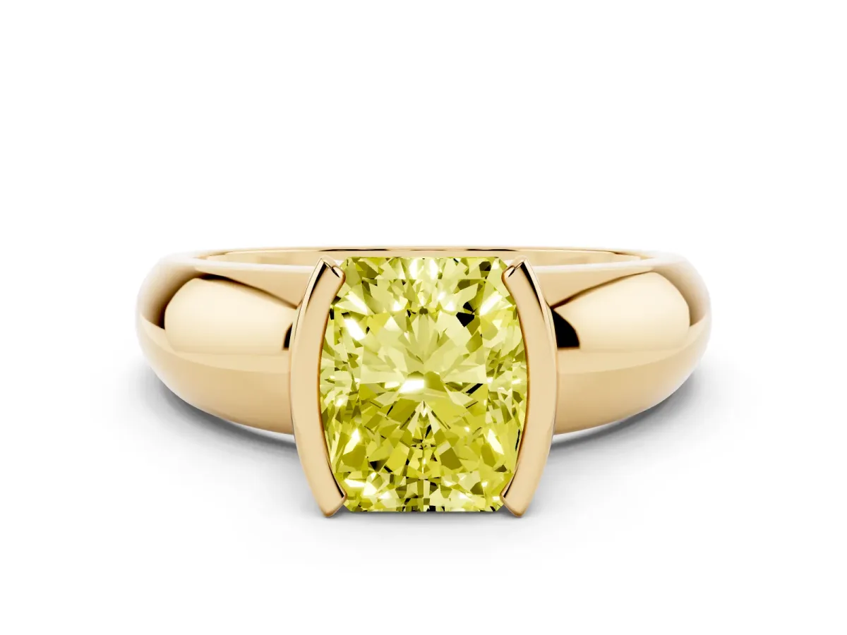 Fancy Yellow Radiant Cut Solitaire Tension Set Diamond Ring with Wide Band Yellow gold
