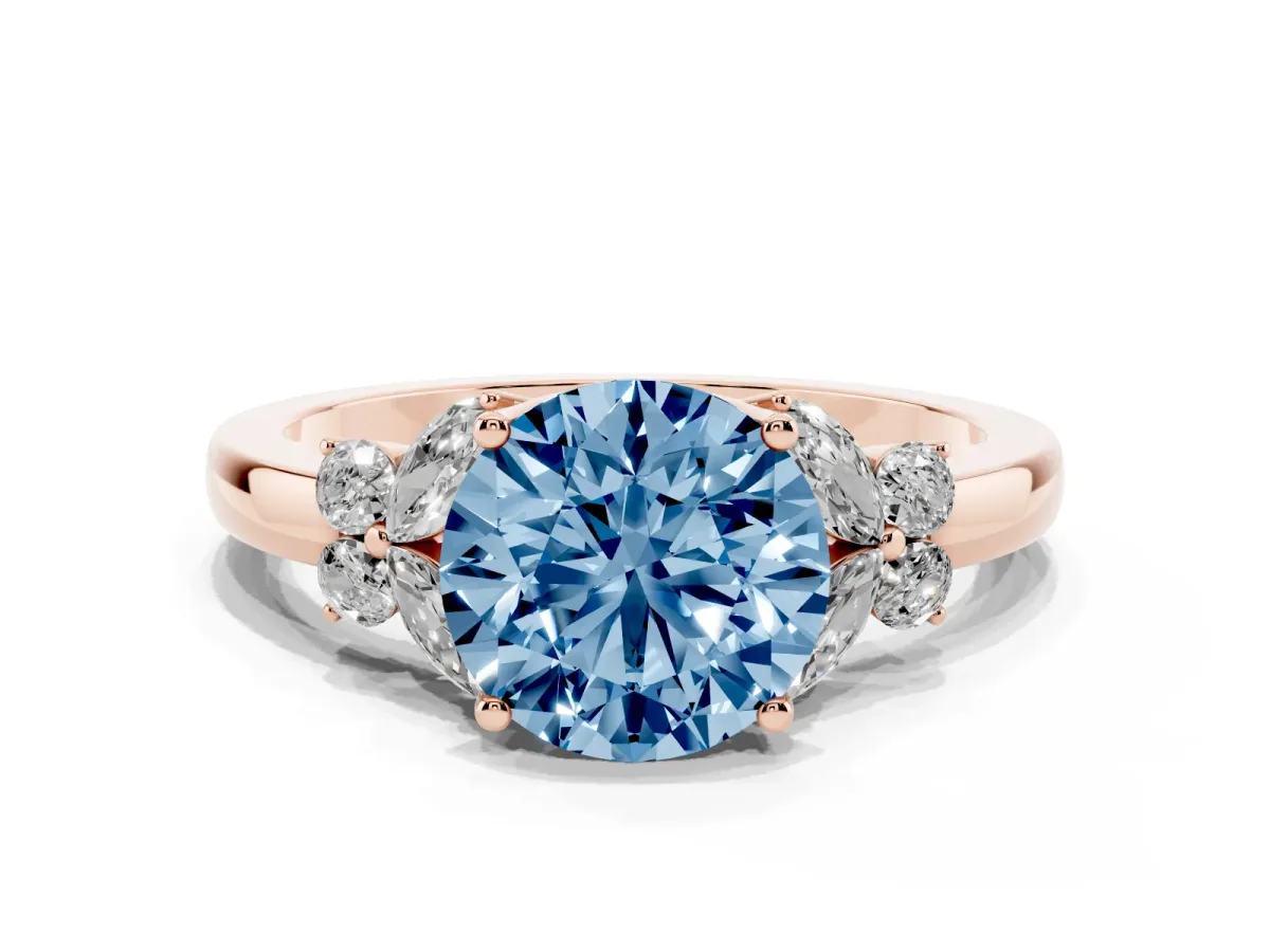 Fancy Blue Round Cut Cut Solitaire Floral Diamond Ring with Four-Prong Setting Rose gold