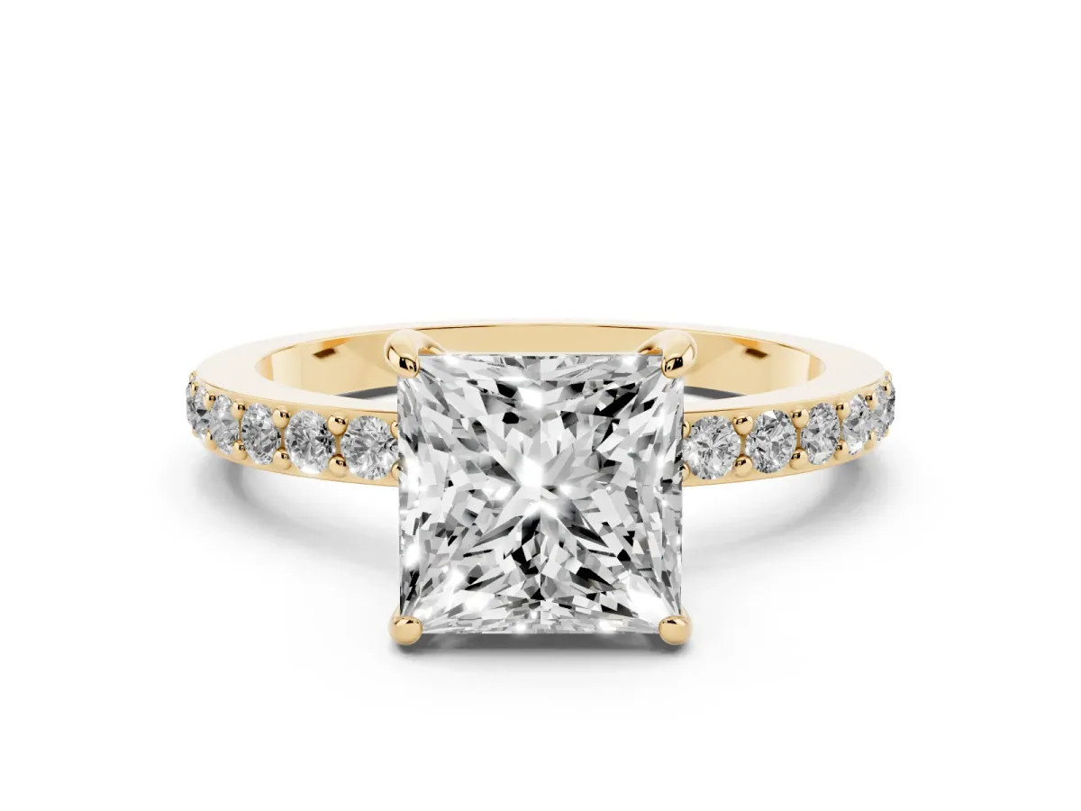 Princess Cut Diamond Solitaire Engagement Ring with Pavé Band and Four-Prong Setting Yellow gold