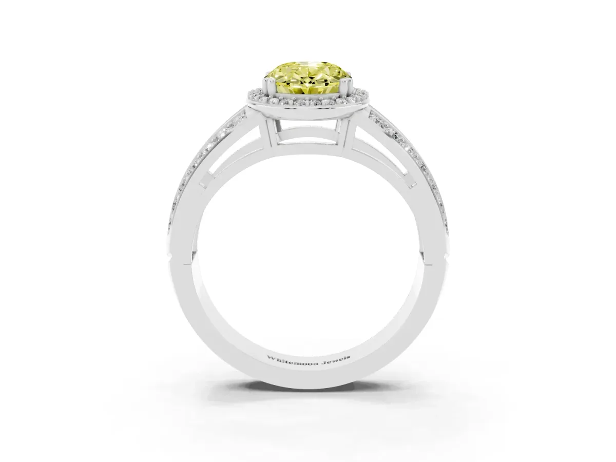 Fancy Yellow Oval Cut Diamond Halo Ring with Split Shank Pavé Band and Four-Prong Setting Platinum