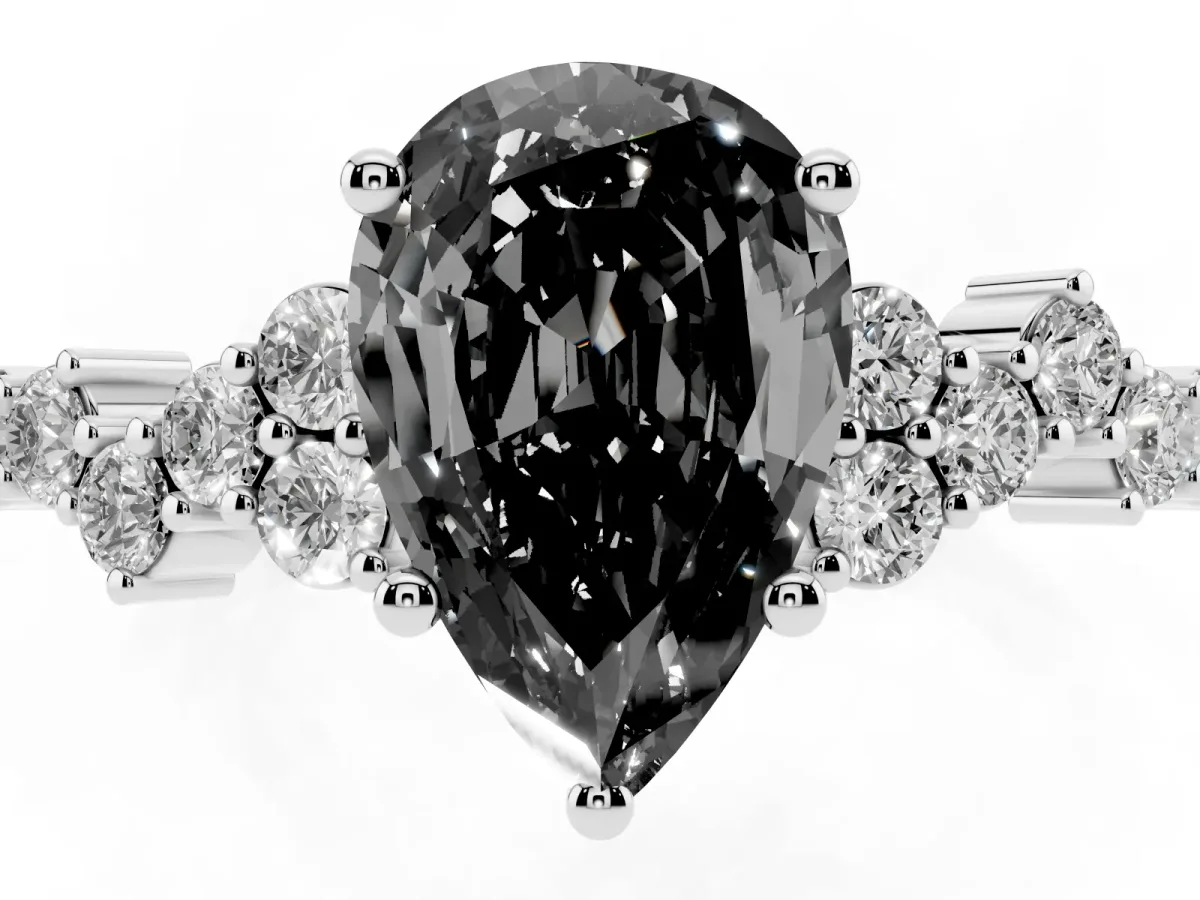 Fancy Black Pear Cut Diamond Scattered Round Accent Ring with Prong Setting Silver