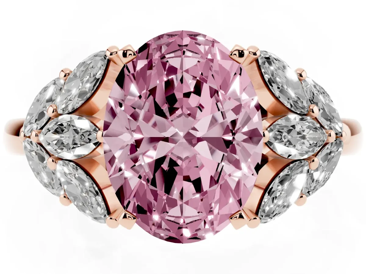 Fancy Pink Oval Cut Diamond Cluster Leaf Design Ring with Prong Setting Rose gold