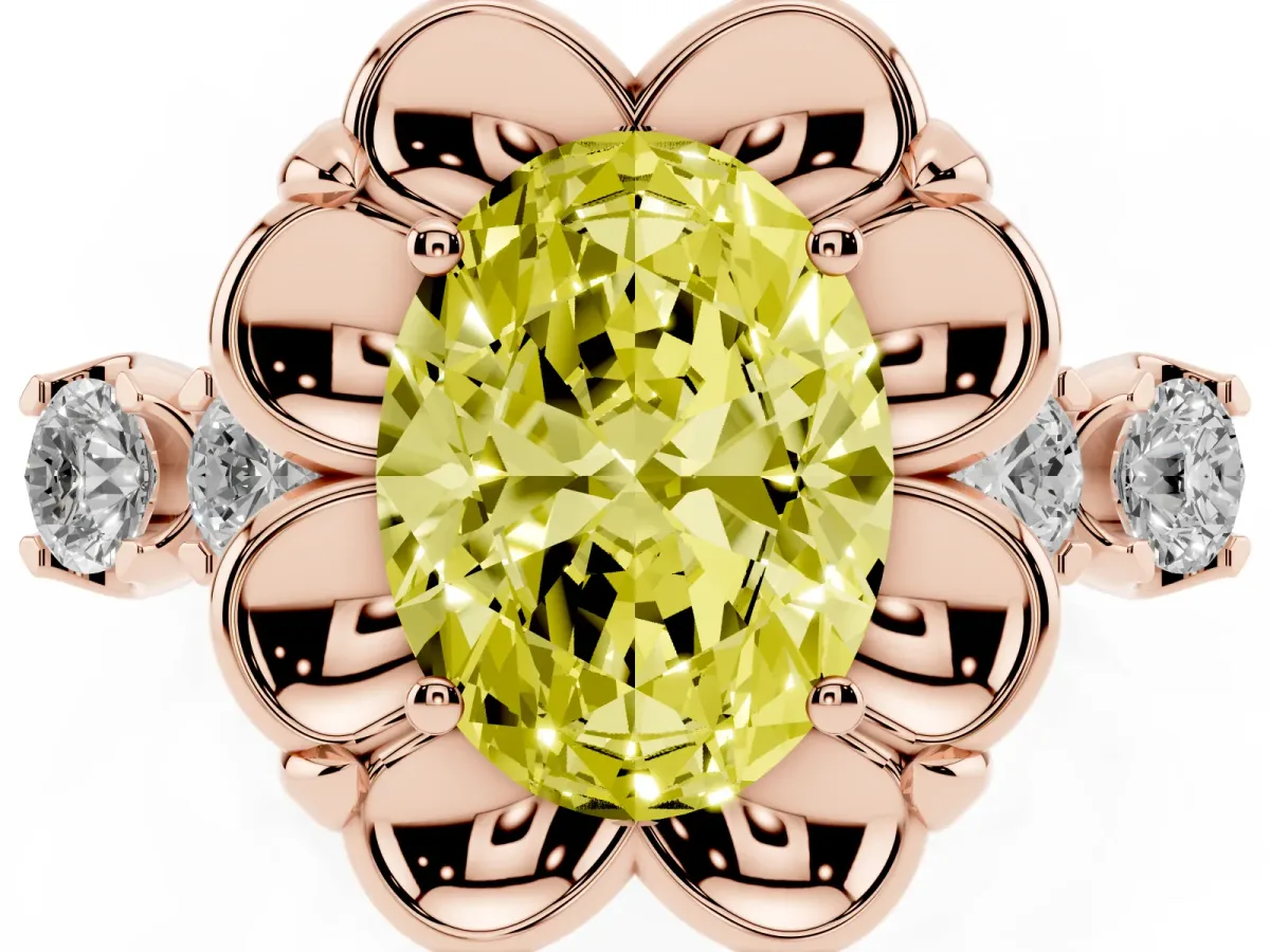 Fancy Yellow Oval Cut Cut Diamond Floral Halo Engagement Ring with Shared Prong Setting Rose gold