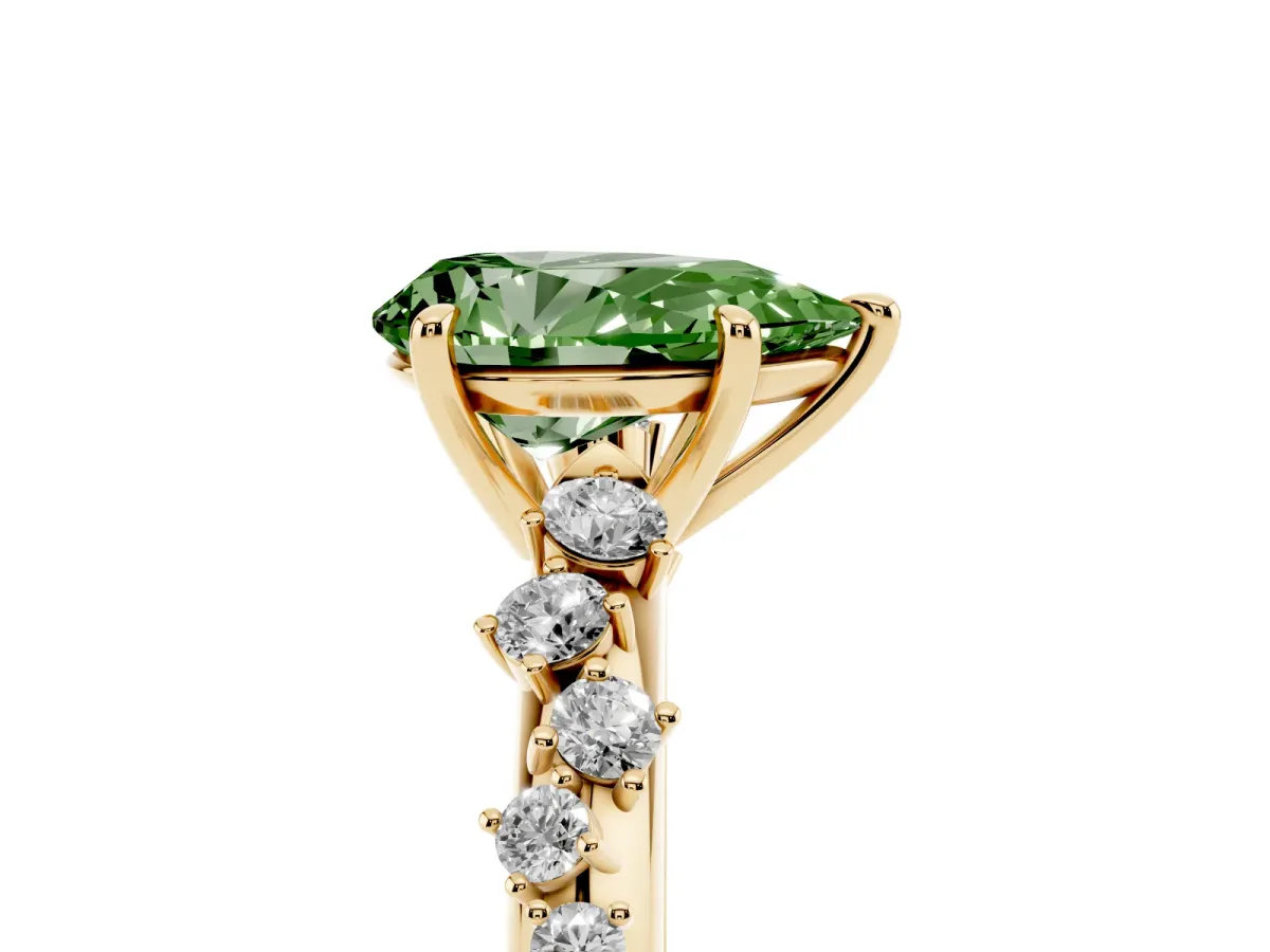 Fancy Green Pear Cut Diamond Cluster Side Stone Solitaire Ring with Prong Setting Yellow gold