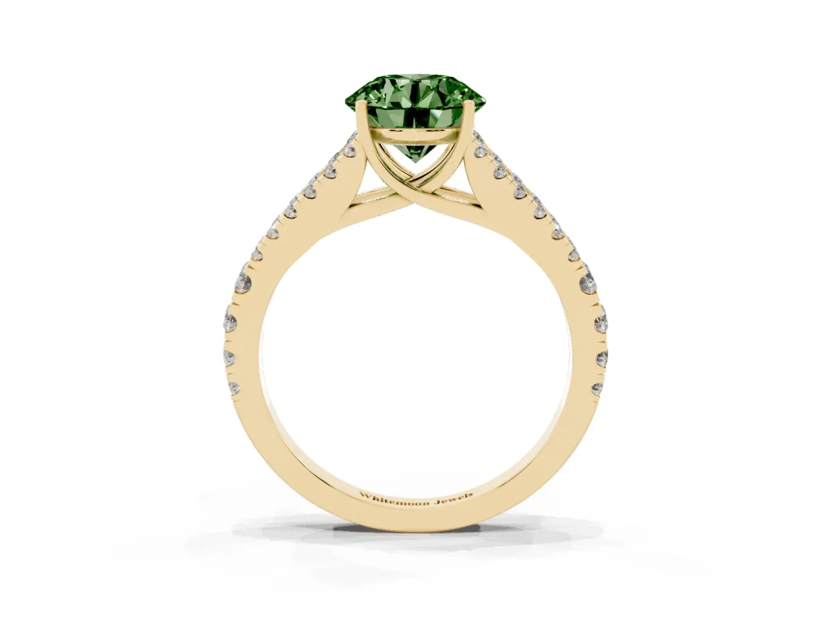 Fancy Green Round Cut Diamond Split Shank Engagement Ring with Round Pavé and Prong Setting Yellow gold