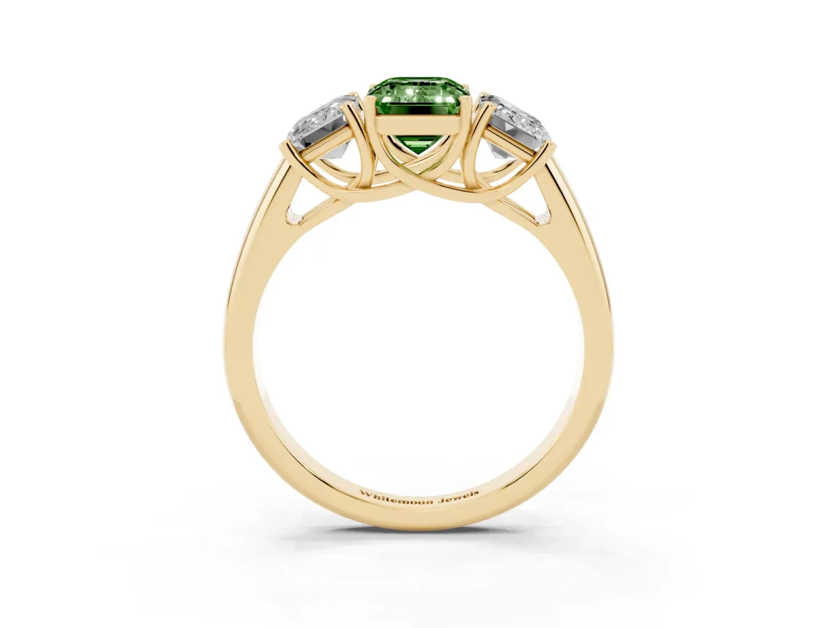 Fancy Green Three-Stone Emerald Cut Diamond Engagement Ring with Prong Setting Yellow gold