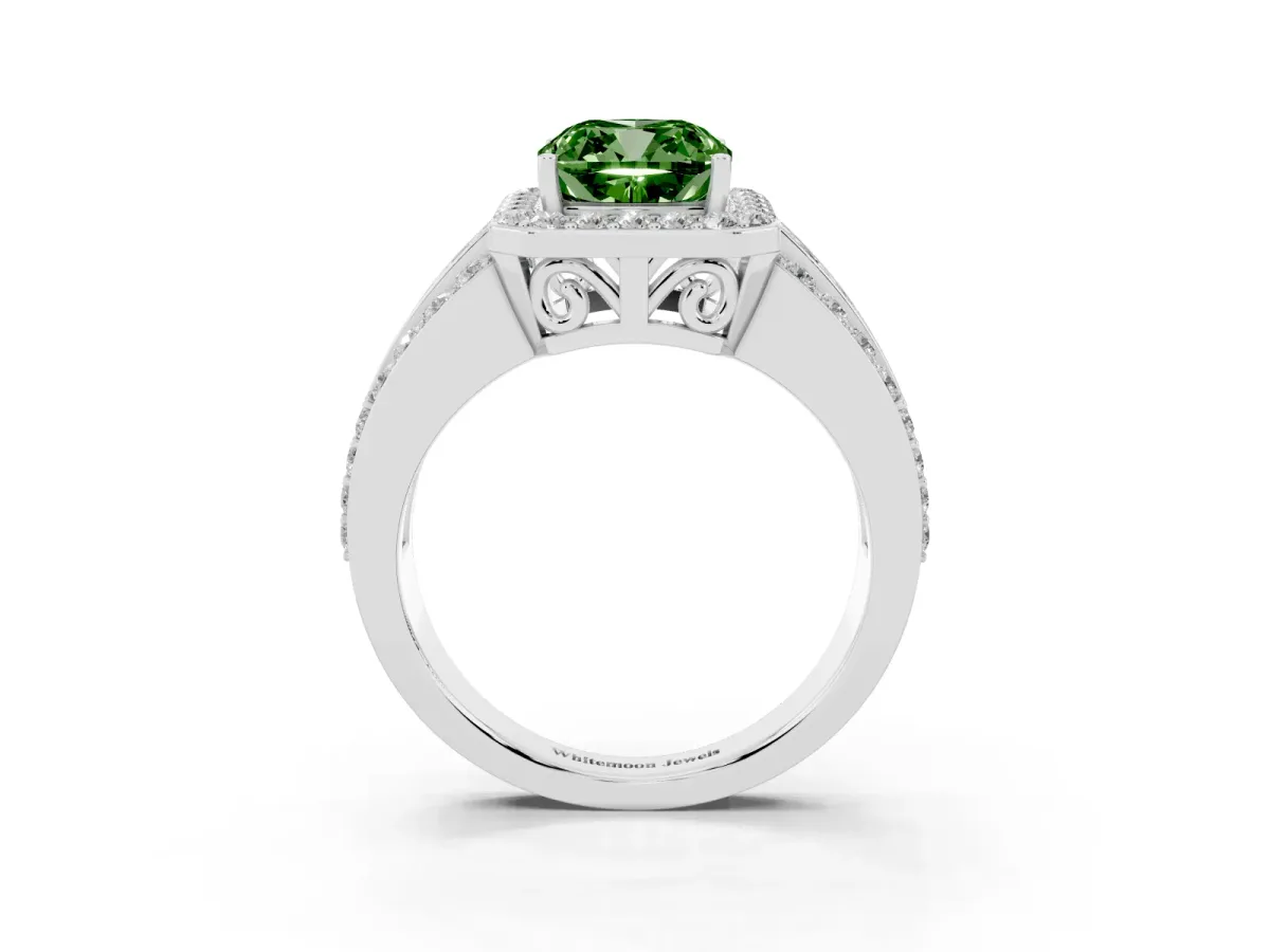 Fancy Green Cushion Cut Halo Diamond Ring with Round Split Shank and Prong Setting Silver