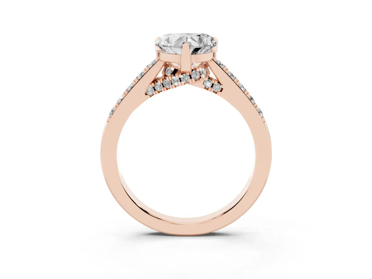 Heart Cut Diamond Solitaire Ring with Crossover Gallery and Round Pavé Band Rose gold