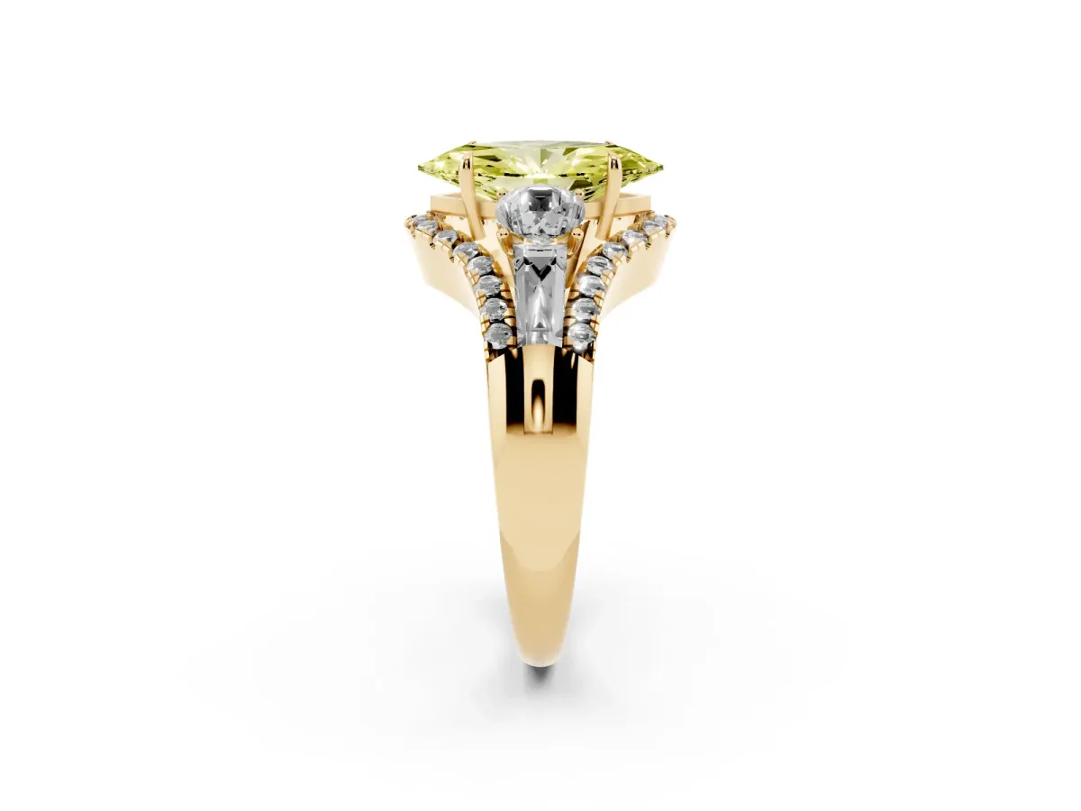 Fancy Yellow Three-Stone Marquise Cut Diamond Engagement Ring with Pave Band and Prong Setting Yellow gold