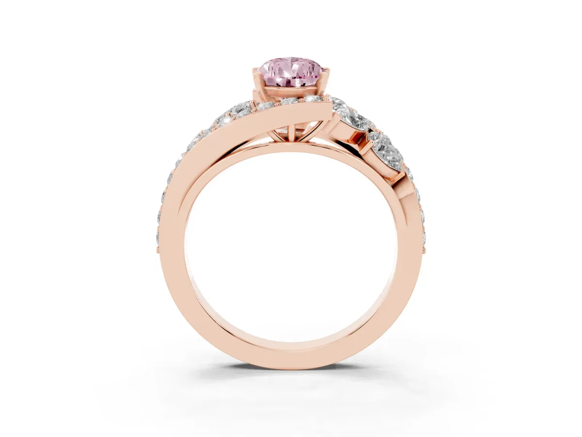 Fancy Pink Pear Cut Diamond Halo Ring with Marquise and Pavé Band in Prong Setting Rose gold