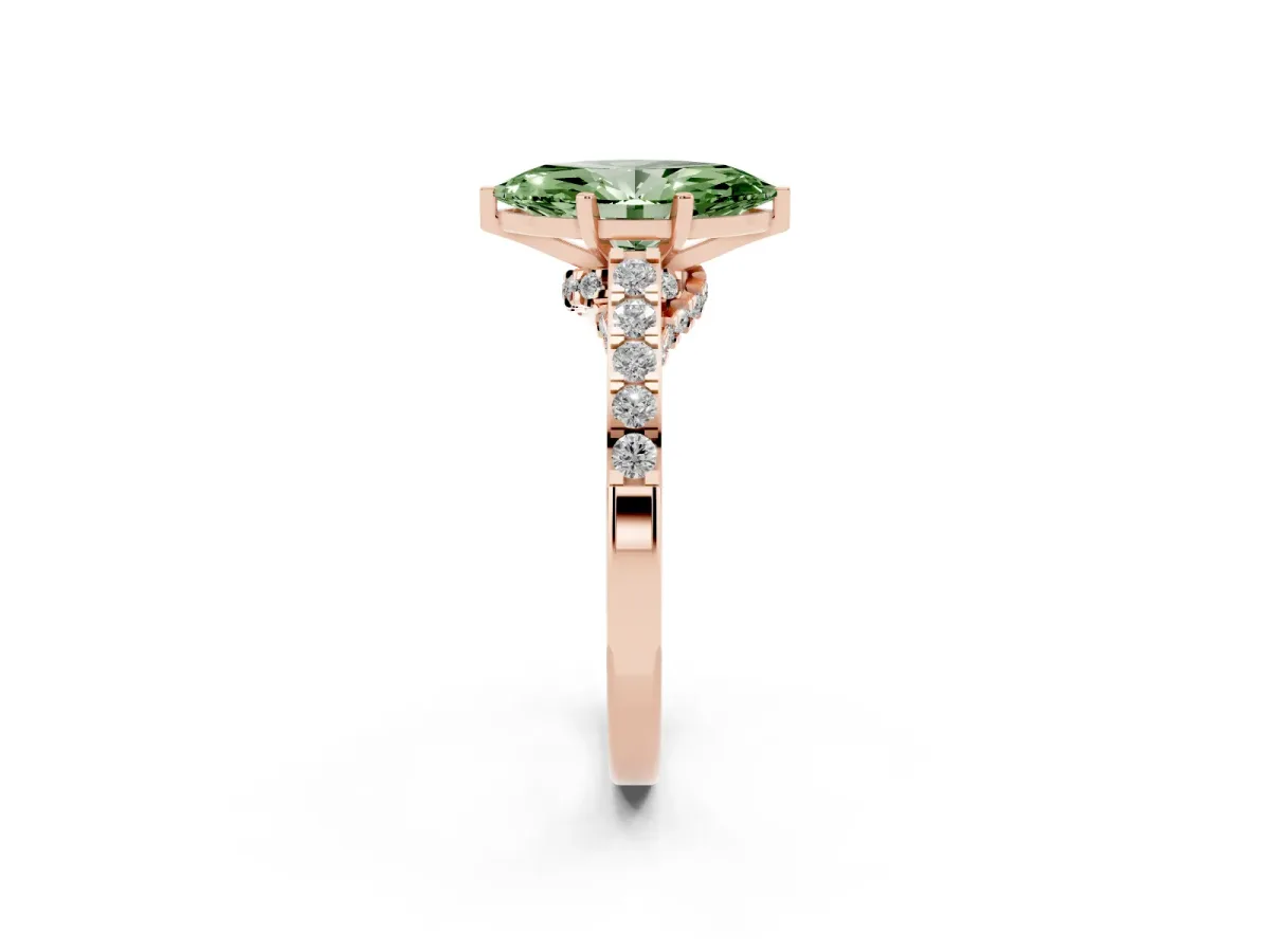 Fancy Green Marquise Cut Diamond Solitaire Ring with Crossover Gallery and Round Pavé Band Rose gold