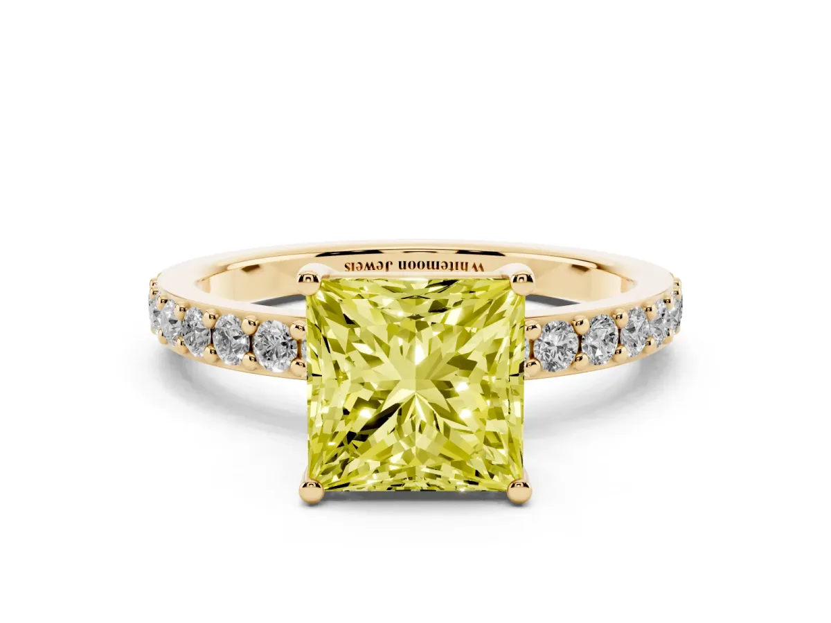 Fancy Yellow Princess Cut Cut Diamond Solitaire with Pave Band and Four-Prong Setting Yellow gold