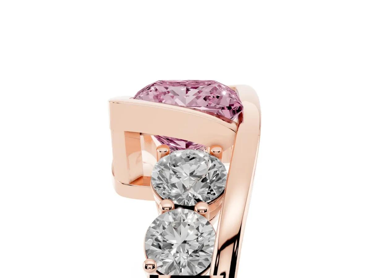 Fancy Pink Bezel Set Princess Cut Diamond Bypass Ring with Round Accents Rose gold
