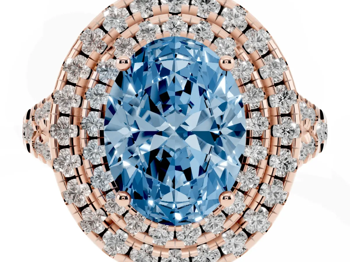 Fancy Blue Double Halo Oval Cut Diamond Pavé Split Shank Ring with Prong Setting Rose gold