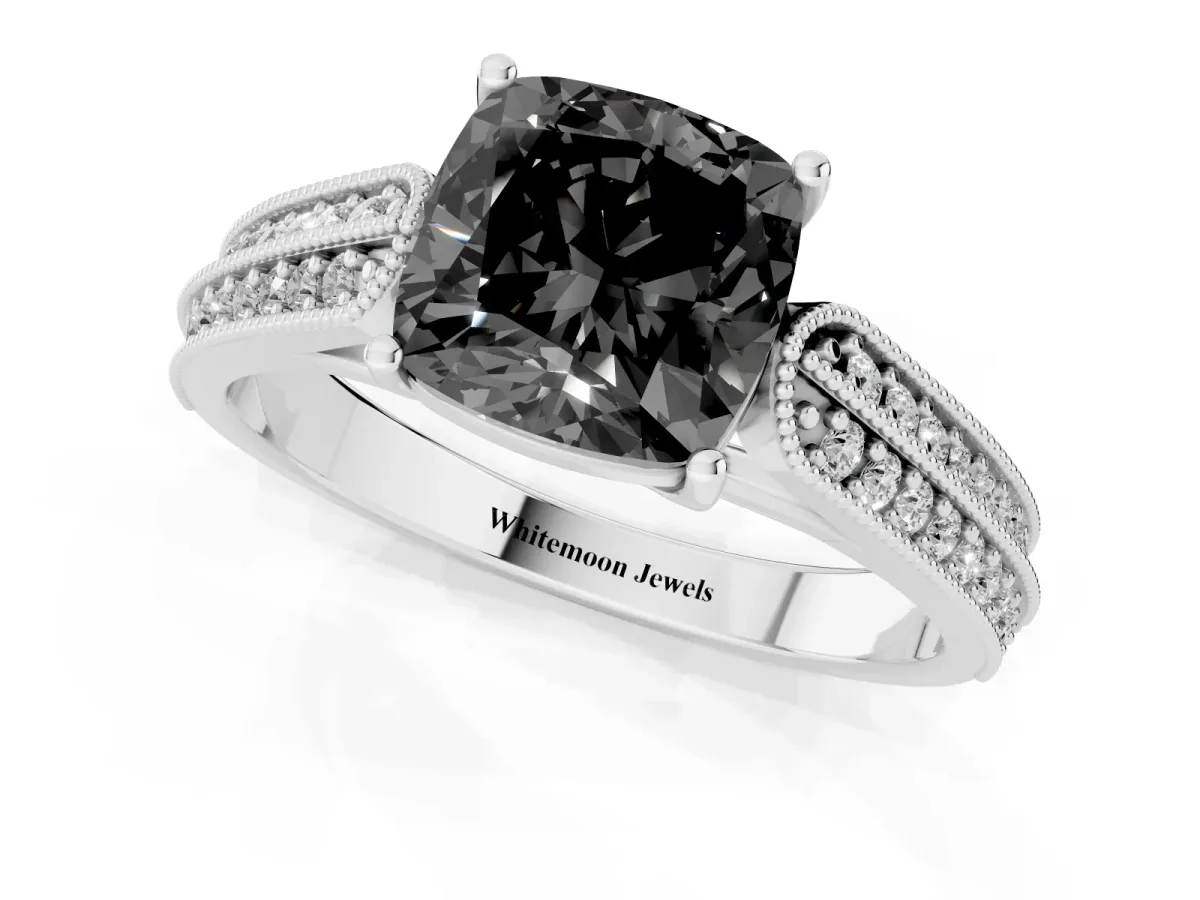 Fancy Black Cushion Cut Cut Pave Split Shank Engagement Ring with Four-Prong Setting White gold
