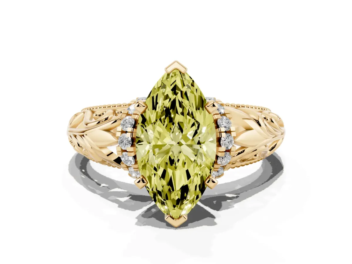 Fancy Yellow Marquise Cut Solitaire Filigree Engagement Ring with Halo and Prong Setting Yellow gold
