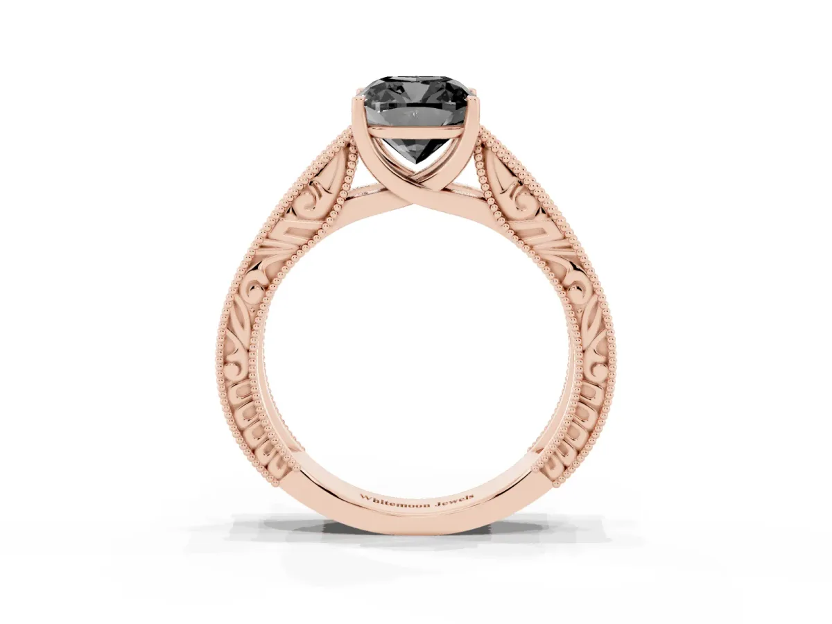 Fancy Black Cushion Cut Diamond Solitaire Ring with Engraved Band and Four-Prong Setting Rose gold